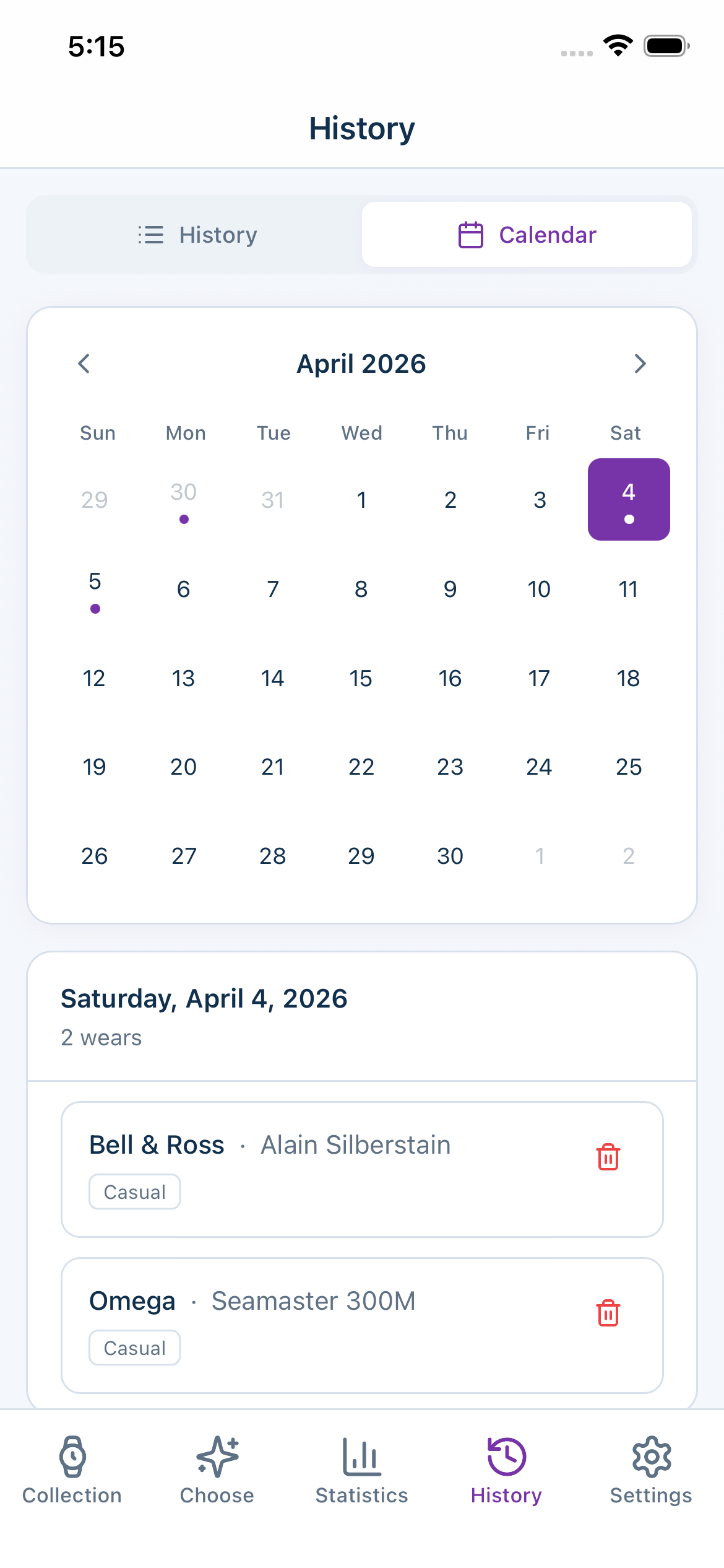 Wear history calendar